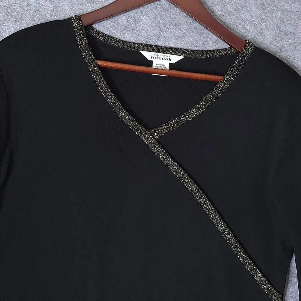 Misook Black Knit Tunic Top Womens Size Large V-Neck 3/4 Sleeve Gold Trim